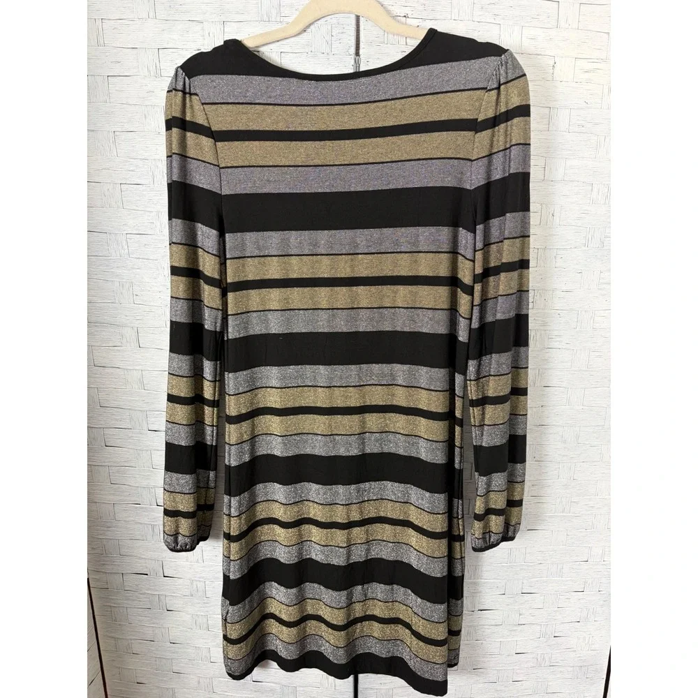 Three Dots Womens Dress‎ Metallic Striped Long Sleeve Knit Black Gold Silver Med